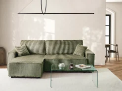 Divano letto angolare 3 posti ABACKA Velluto a coste Verde con contenitore Lato destro