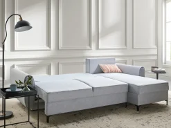 Divano letto angolare 3 posti SIMRIS Tessuto Azzurro con contenitore Lato Sinistro