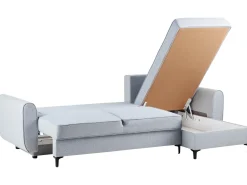 Divano letto angolare 3 posti SIMRIS Tessuto Azzurro con contenitore Lato Sinistro
