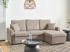 Divano letto angolare 3 posti NASSJO Lino sintetico Marrone chiaro con contenitore Lato Sinistro