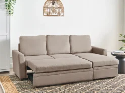 Divano letto angolare 3 posti NASSJO Lino sintetico Marrone chiaro con contenitore Lato Sinistro