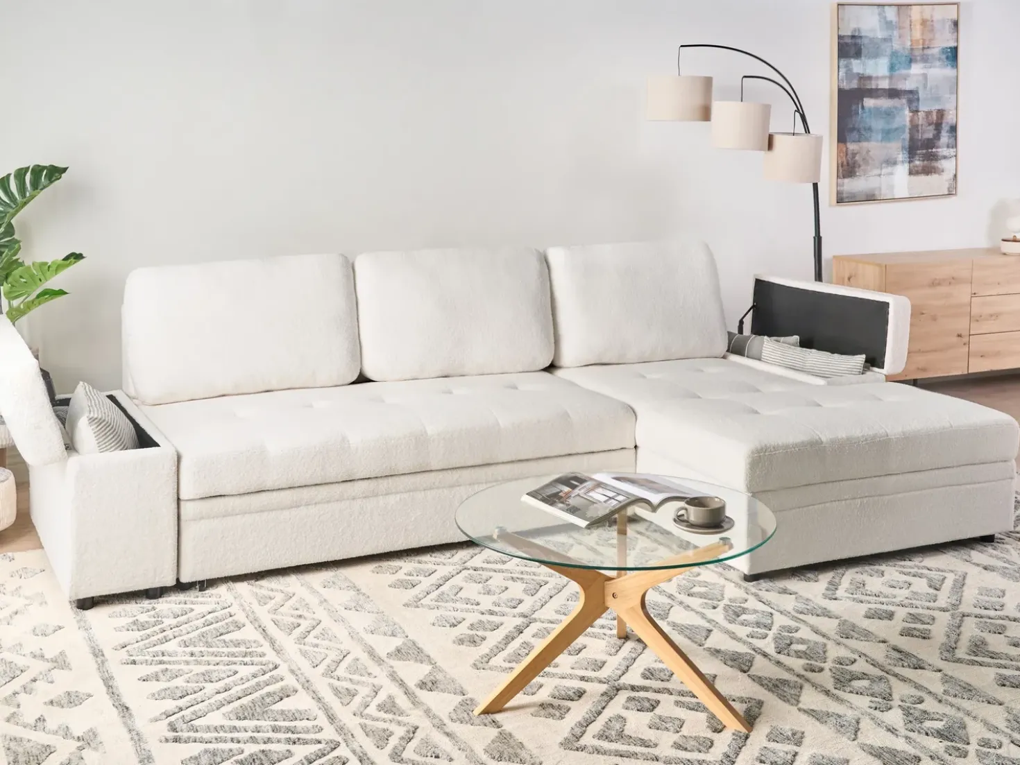 Divano letto angolare 3 posti HRISEY Bouclé Bianco con contenitore Lato Sinistro