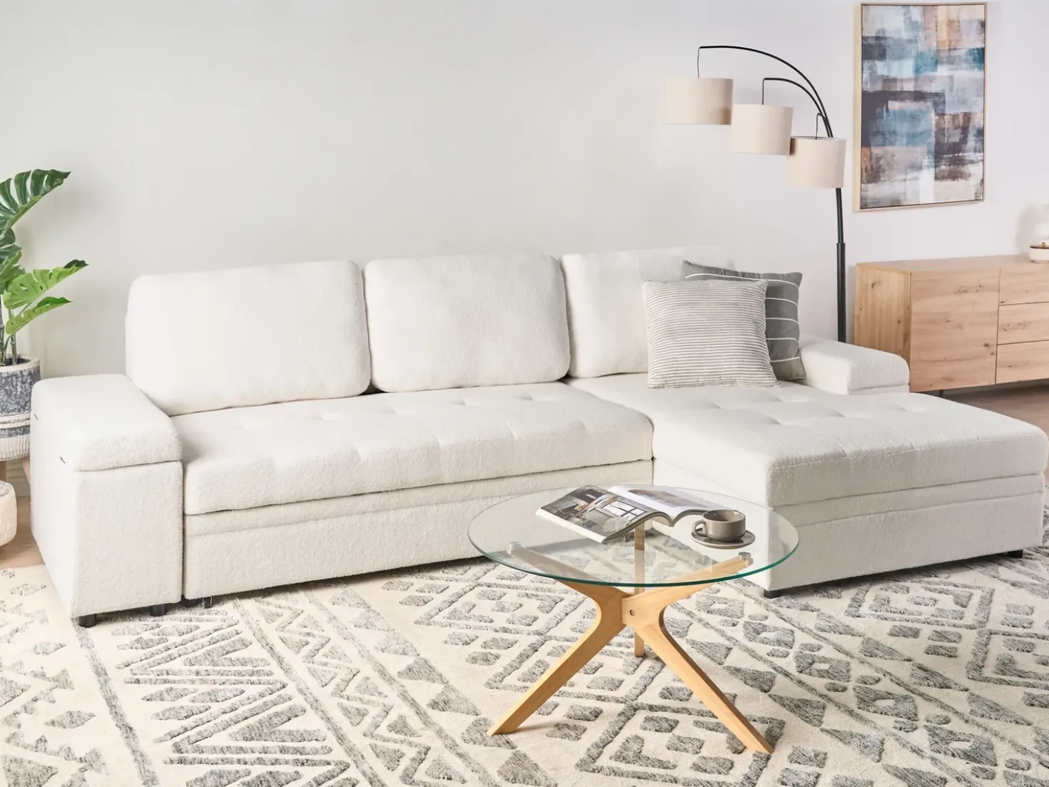 Divano letto angolare 3 posti HRISEY Bouclé Bianco con contenitore Lato Sinistro