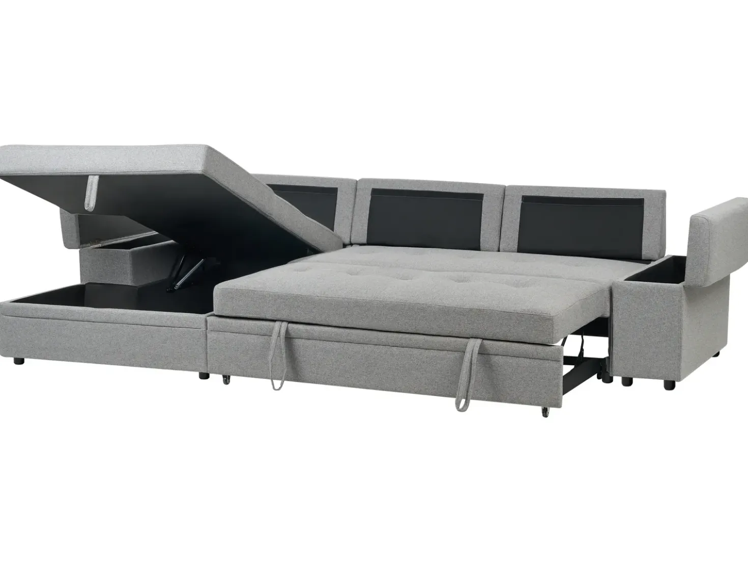 Divano letto angolare 3 posti HRISEY Lino sintetico Grigio con contenitore Lato destro