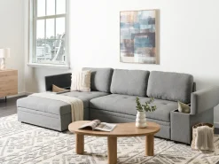 Divano letto angolare 3 posti HRISEY Lino sintetico Grigio con contenitore Lato destro