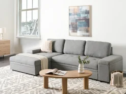 Divano letto angolare 3 posti HRISEY Lino sintetico Grigio con contenitore Lato destro
