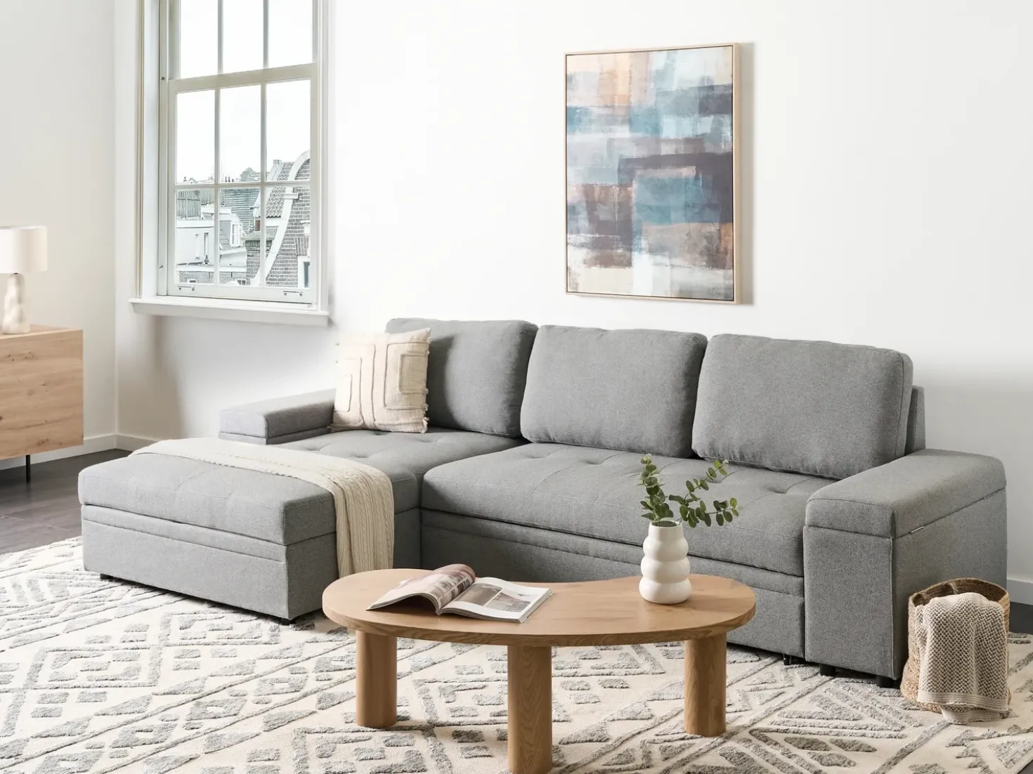 Divano letto angolare 3 posti HRISEY Lino sintetico Grigio con contenitore Lato destro