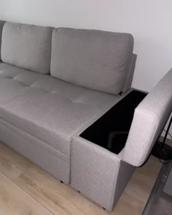 Divano letto angolare 3 posti HRISEY Lino sintetico Grigio chiaro con contenitore Lato destro