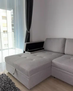 Divano letto angolare 3 posti HRISEY Lino sintetico Grigio chiaro con contenitore Lato destro