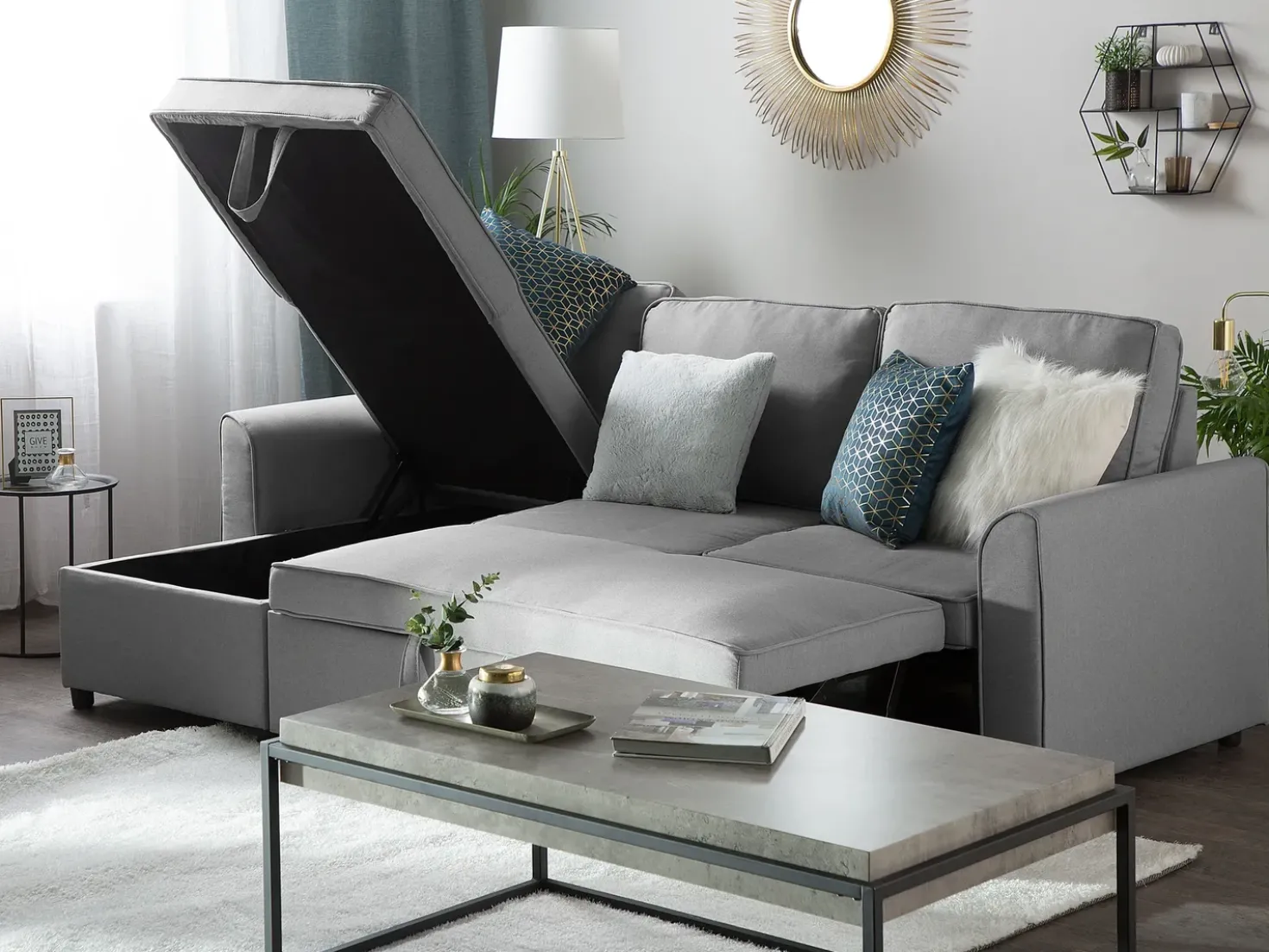 Divano letto angolare 3 posti NESNA Tessuto Grigio chiaro con contenitore Lato destro