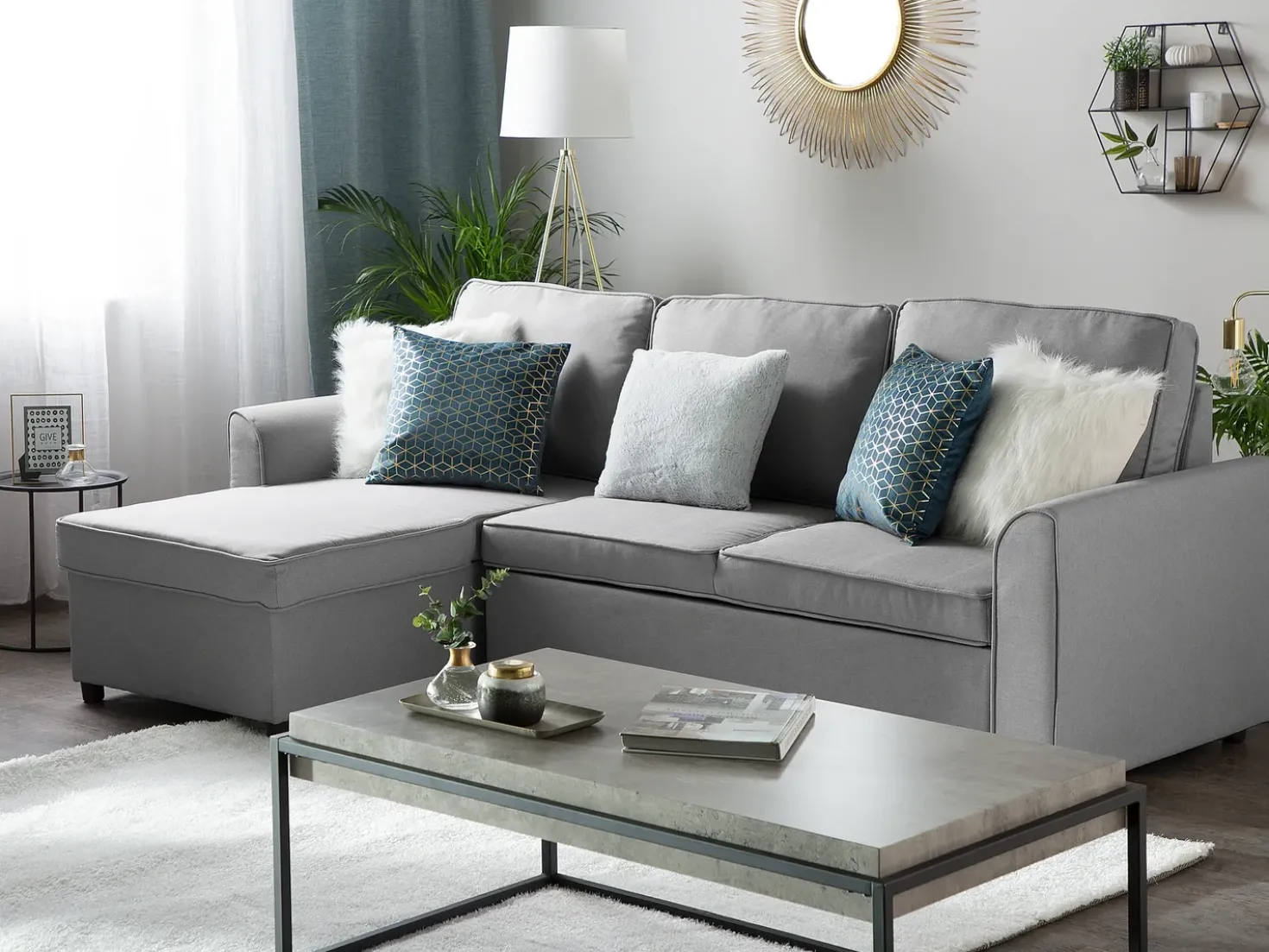 Divano letto angolare 3 posti NESNA Tessuto Grigio chiaro con contenitore Lato destro
