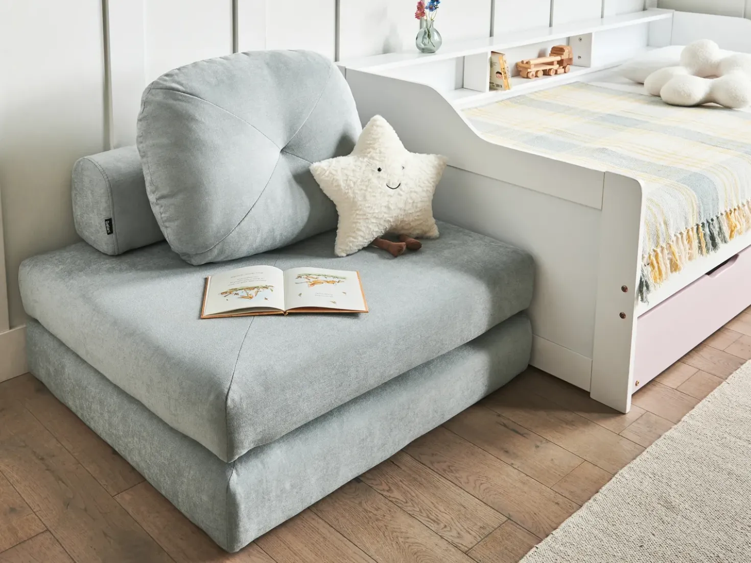 Divano letto singolo OLDEN Ciniglia Azzurro