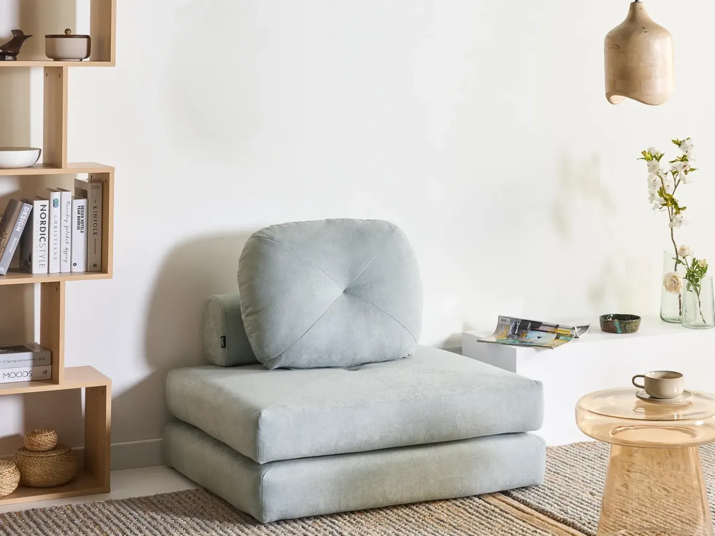 Divano letto singolo OLDEN Ciniglia Azzurro