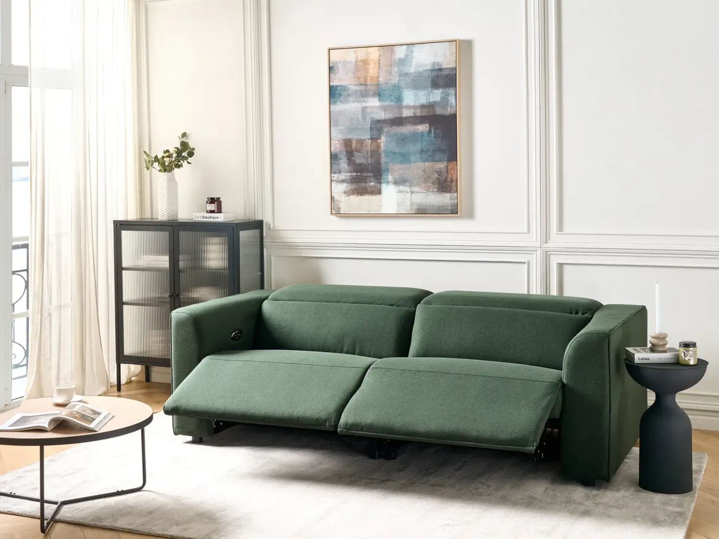 Divano reclinabile elettrico 2 posti ULVEN Tessuto Verde scuro con porta USB