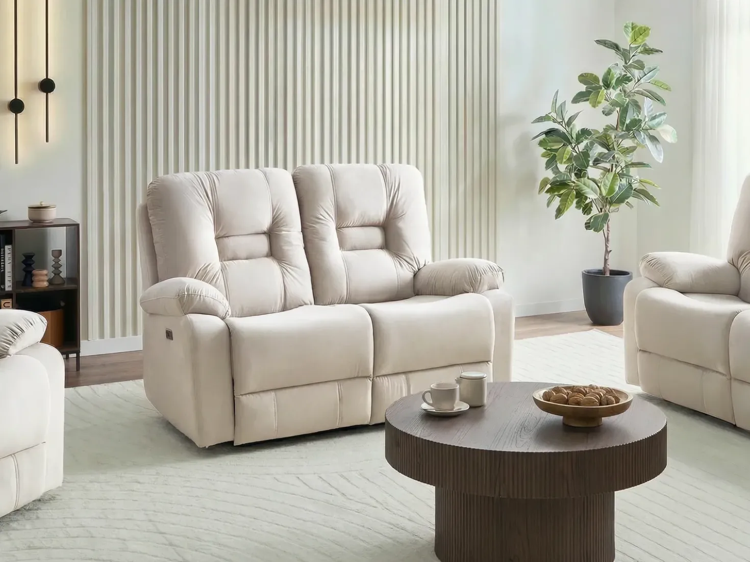 Divano reclinabile elettrico 2 posti BERGEN Velluto Beige chiaro con porta USB