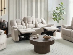 Divano reclinabile elettrico 3 posti BERGEN Velluto Beige chiaro con porta USB