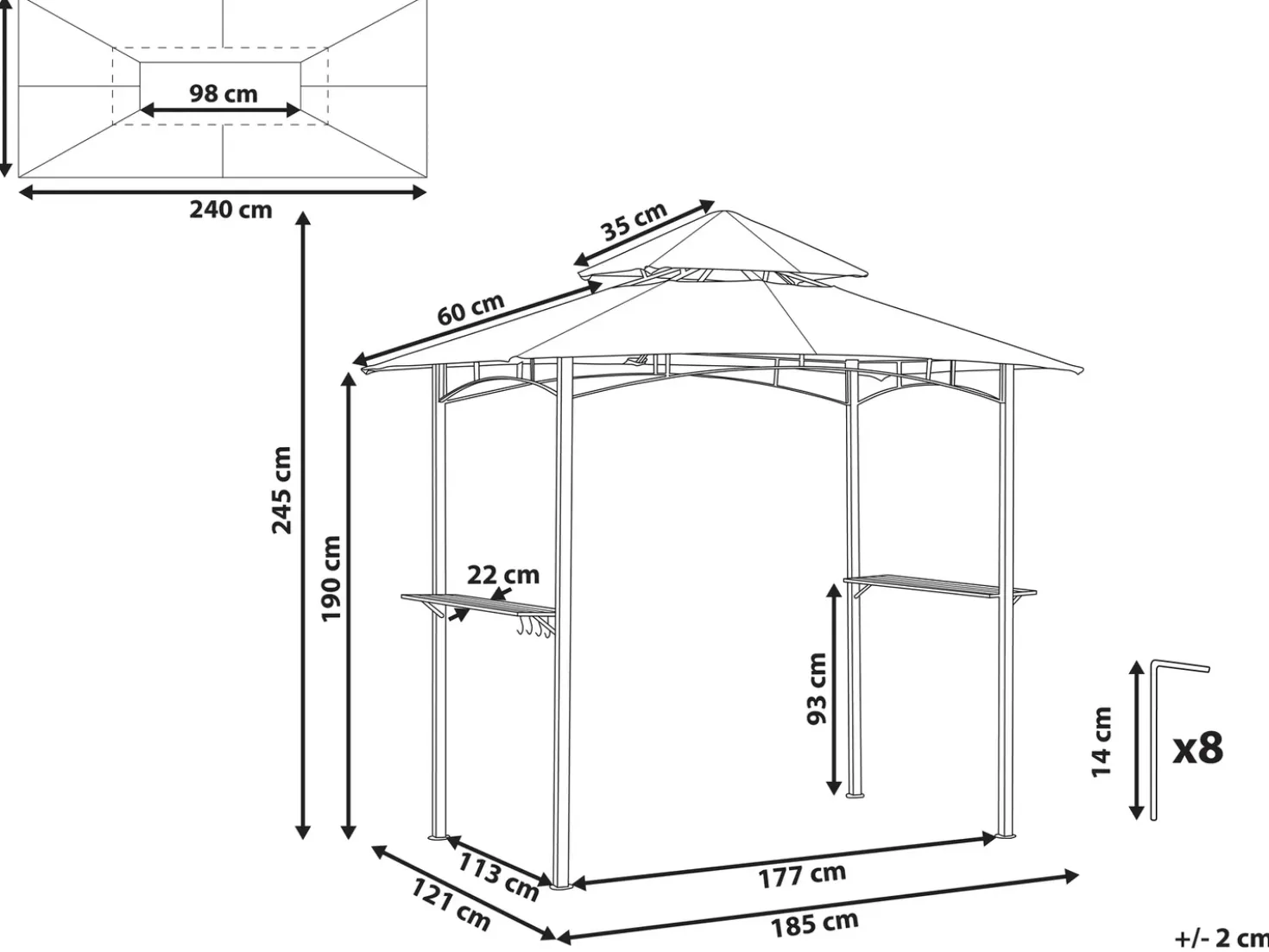 Gazebo NARO Metallo 240 cm 148 cm Grigio