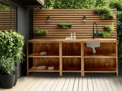 Isola per cucina esterna con lavello VENOSA Legno d'acacia Marrone/Nero Marrone