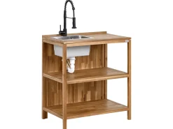 Isola per cucina esterna con lavello VENOSA Legno d'acacia Marrone/Nero Marrone