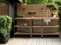Isola per cucina esterna con lavello IVREA Legno di acacia certificato Marrone/Argento