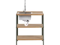 Isola per cucina esterna con lavello IVREA Legno di acacia certificato Marrone/Argento