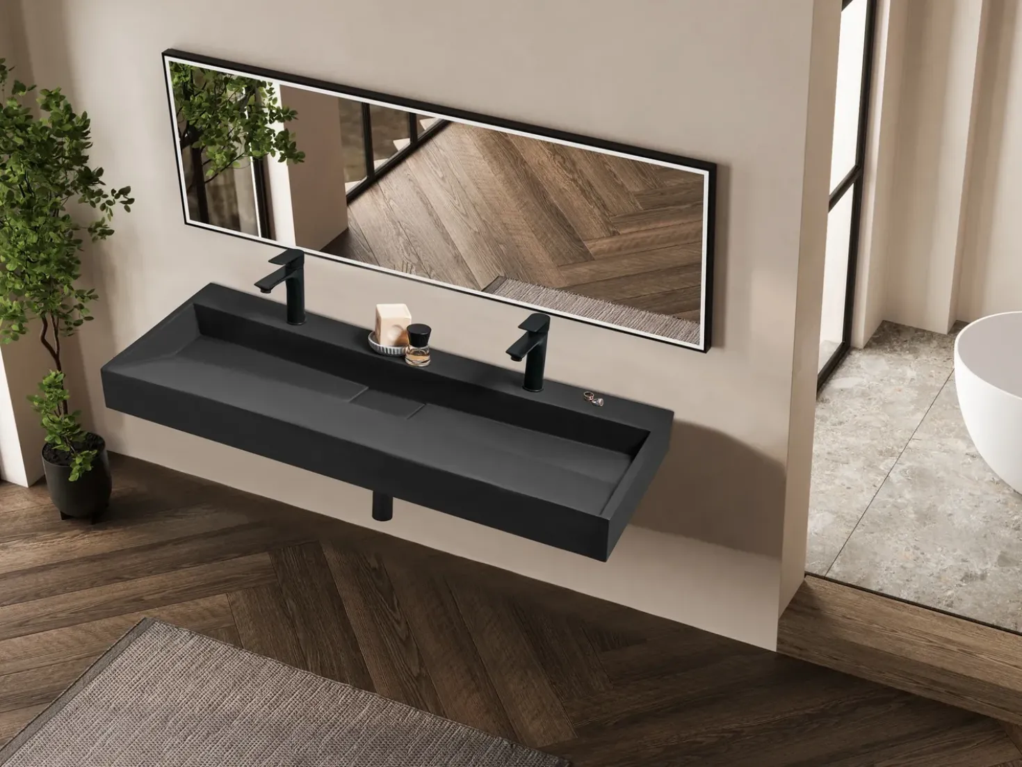 Lavabo doppio sospeso QUENKO 120 x 46 cm Composito minerale Nero