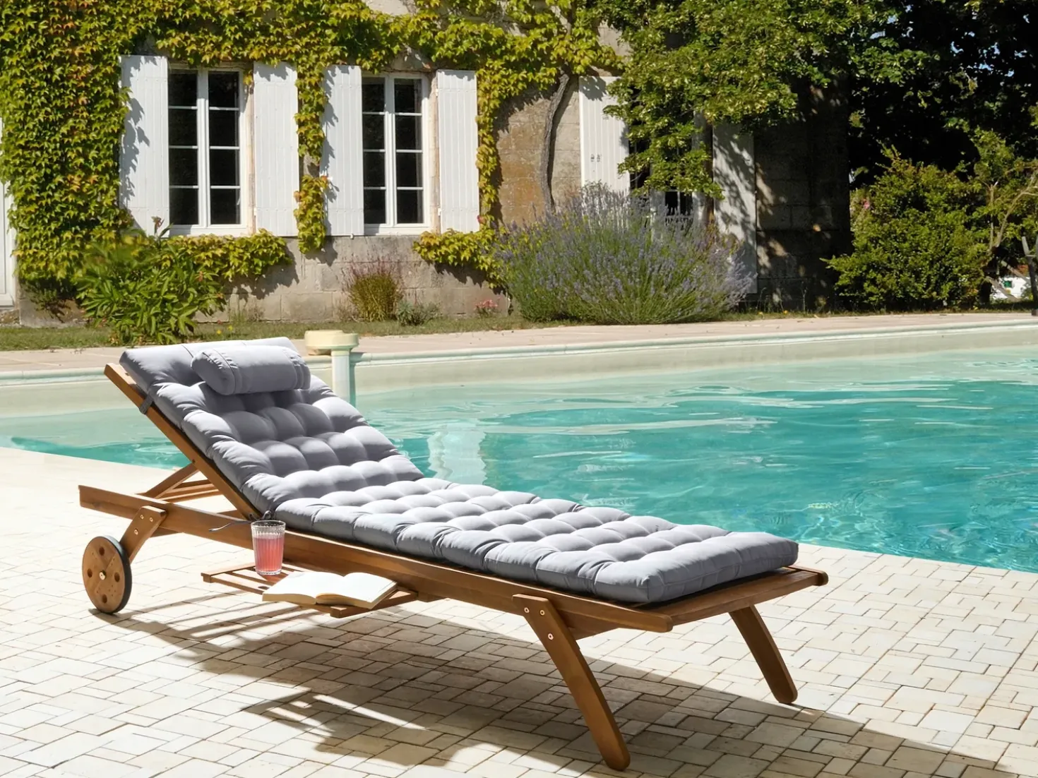 Lettino Prendisole con Cuscino CESANA PREMIUM Legno d'acacia Grigio chiaro