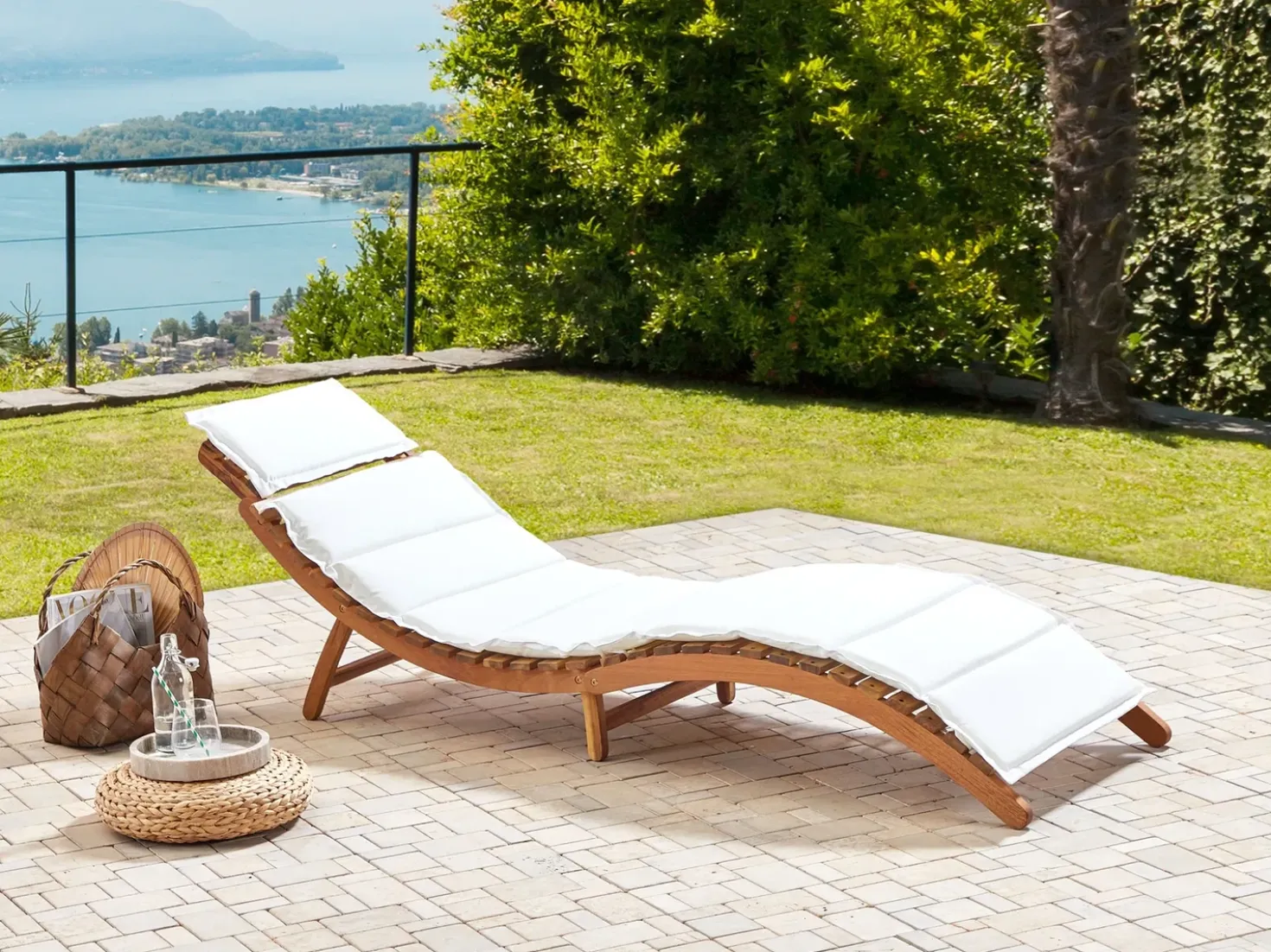 Lettino Prendisole con Cuscino LUINO Legno d'acacia Bianco sporco