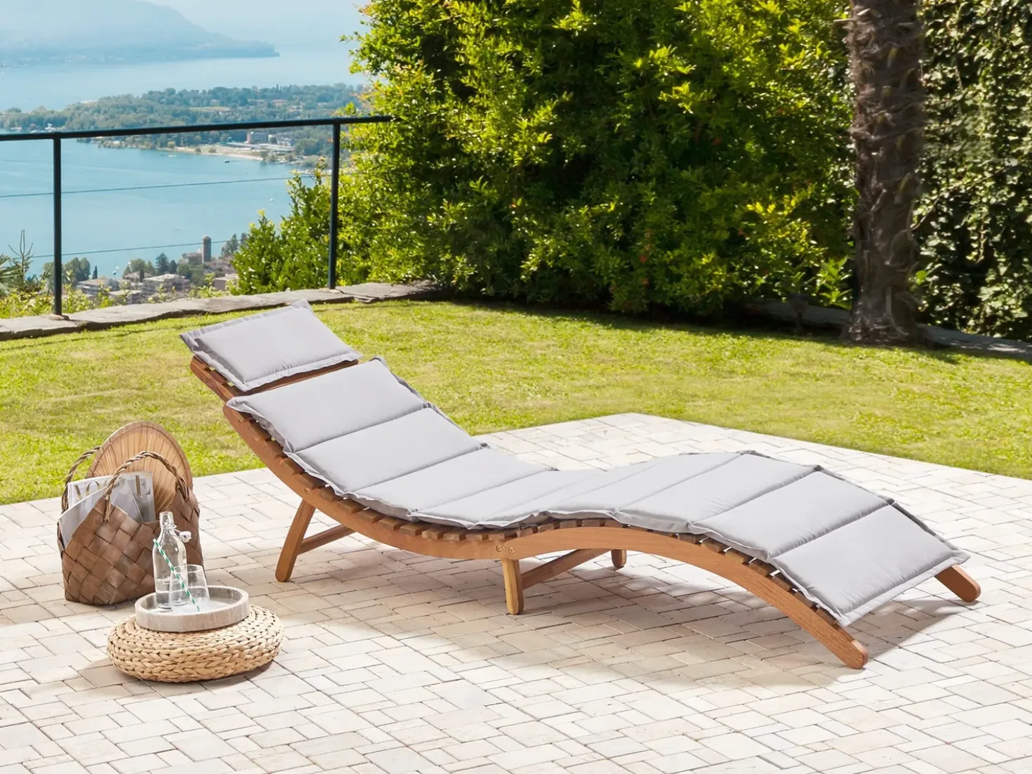 Lettino Prendisole con Cuscino LUINO Legno d'acacia Grigio