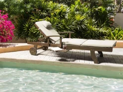 Lettino Prendisole con Cuscino AMANTEA PREMIUM II Legno d'acacia Beige chiaro