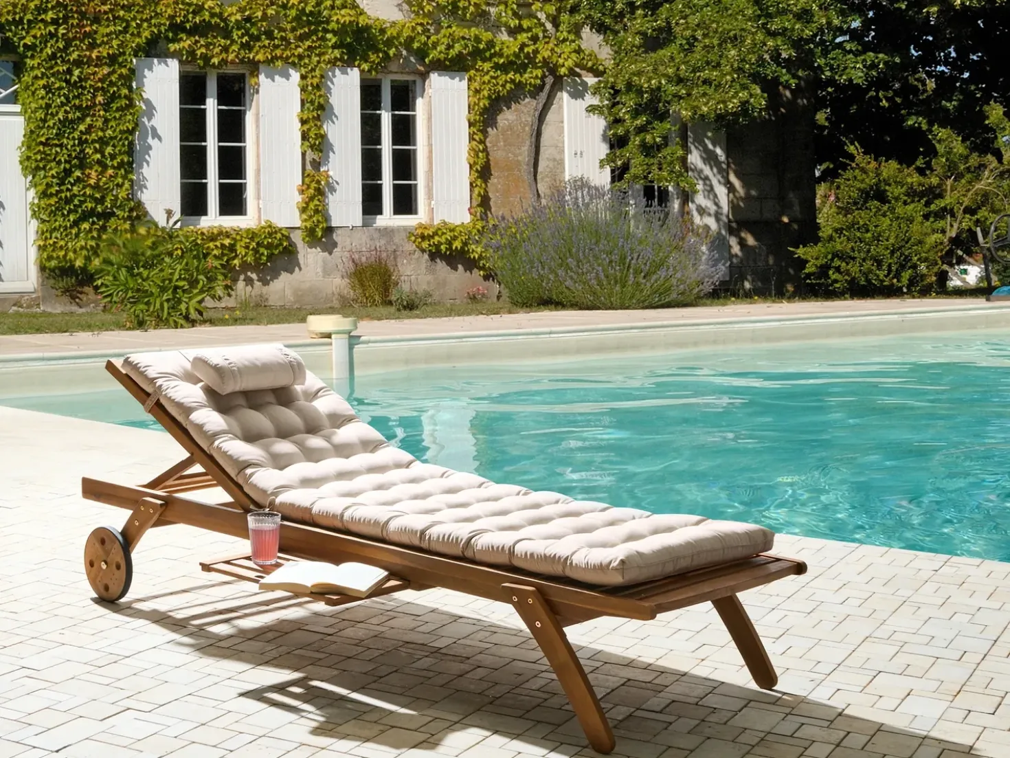 Lettino Prendisole con Cuscino CESANA PREMIUM Legno d'acacia Beige chiaro