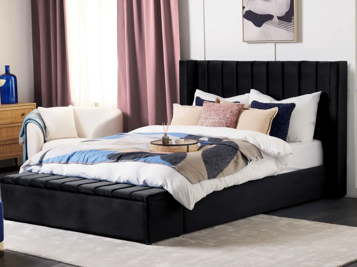 Letto ad acqua con panca contenitore Velluto NOYERS 180 x 200 cm Nero