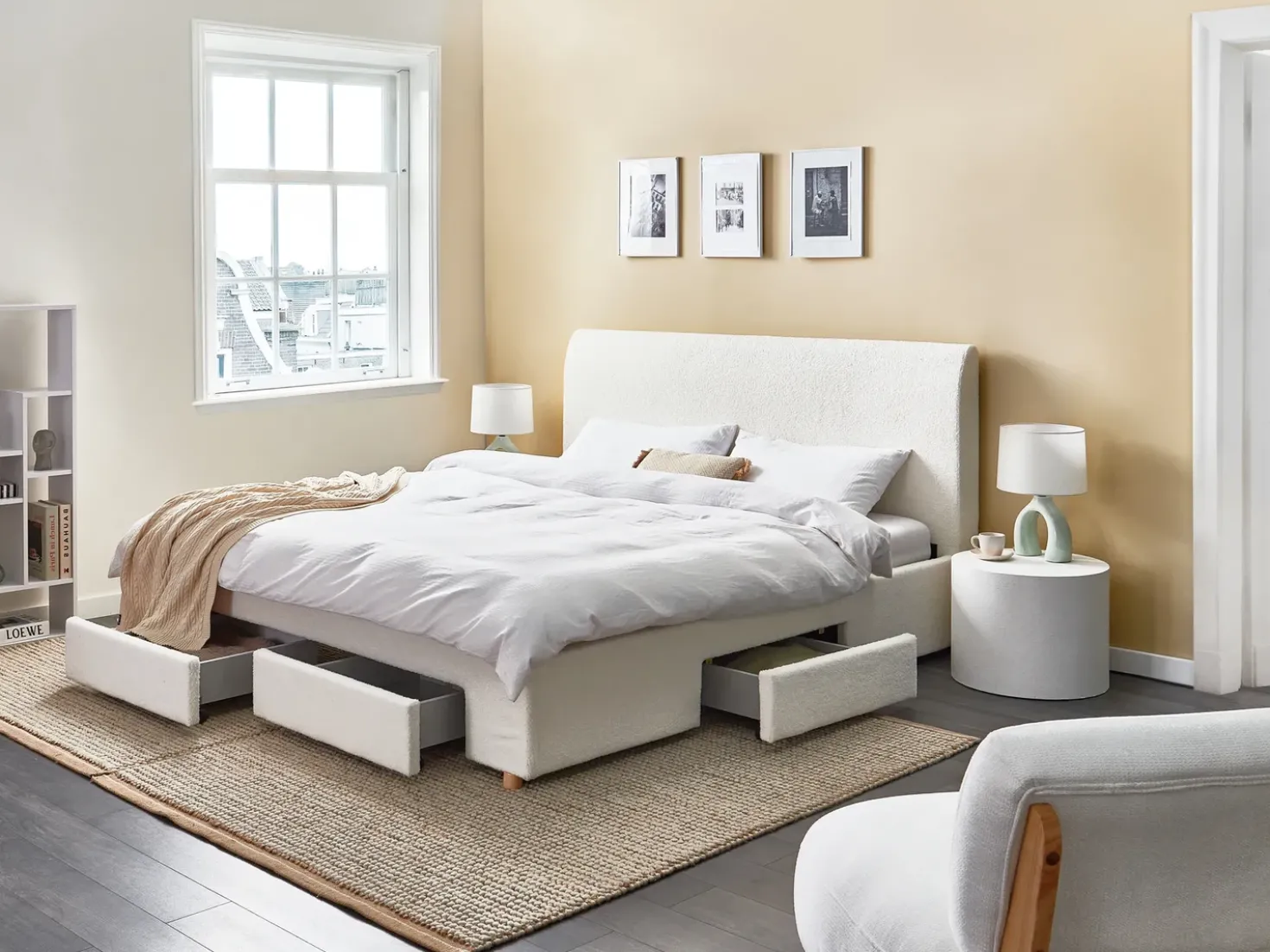 Letto con cassetti contenitori Bouclé SOUTRIN 180 x 200 cm Bianco sporco