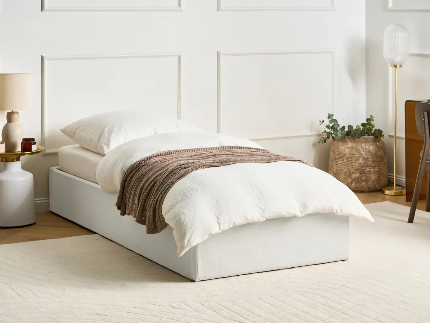 Letto con ottomano senza testata Tessuto DINAN 90 x 200 cm Beige chiaro