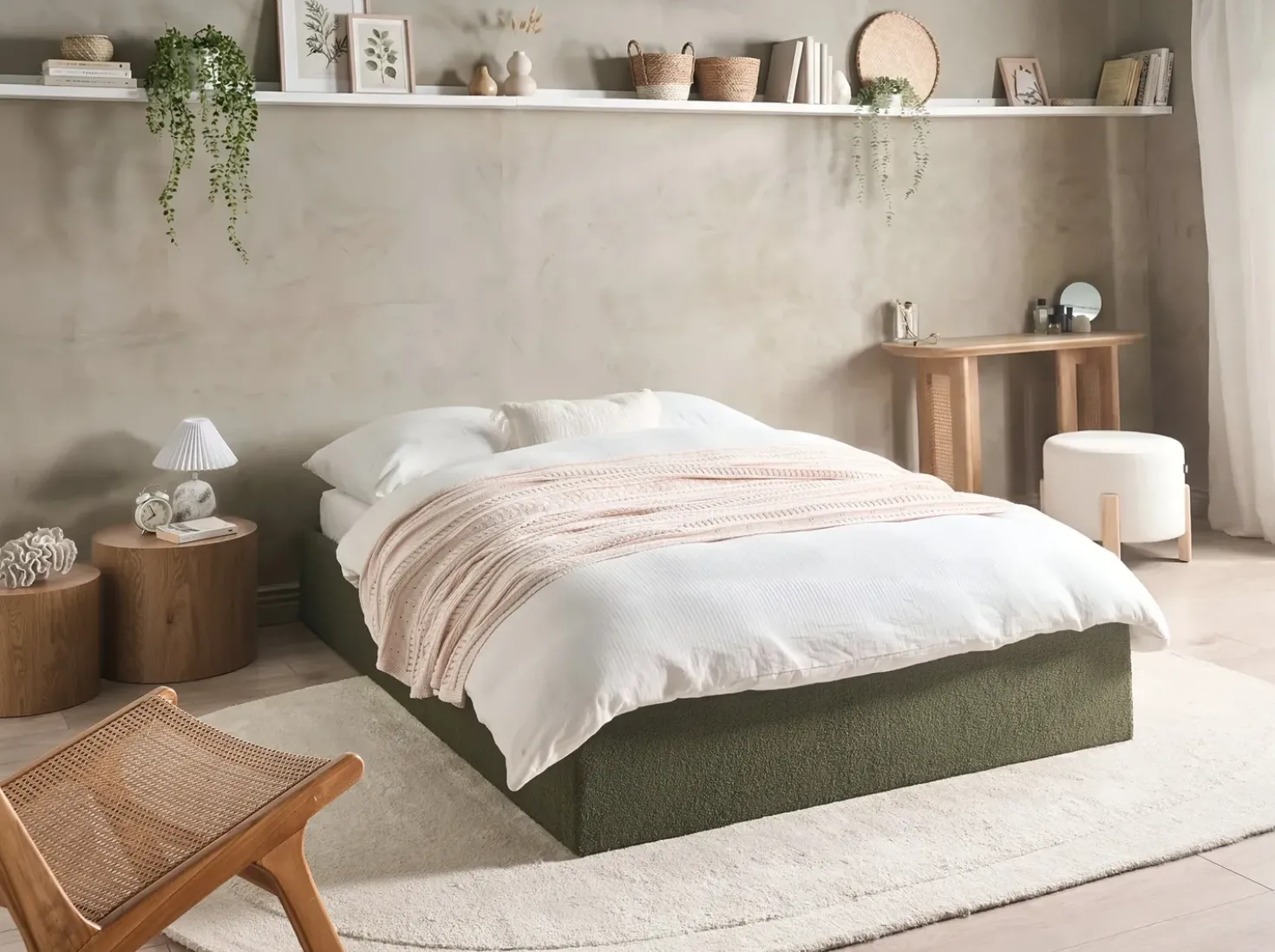 Letto con ottomano senza testata Bouclé DINAN 140 x 200 cm Verde scuro