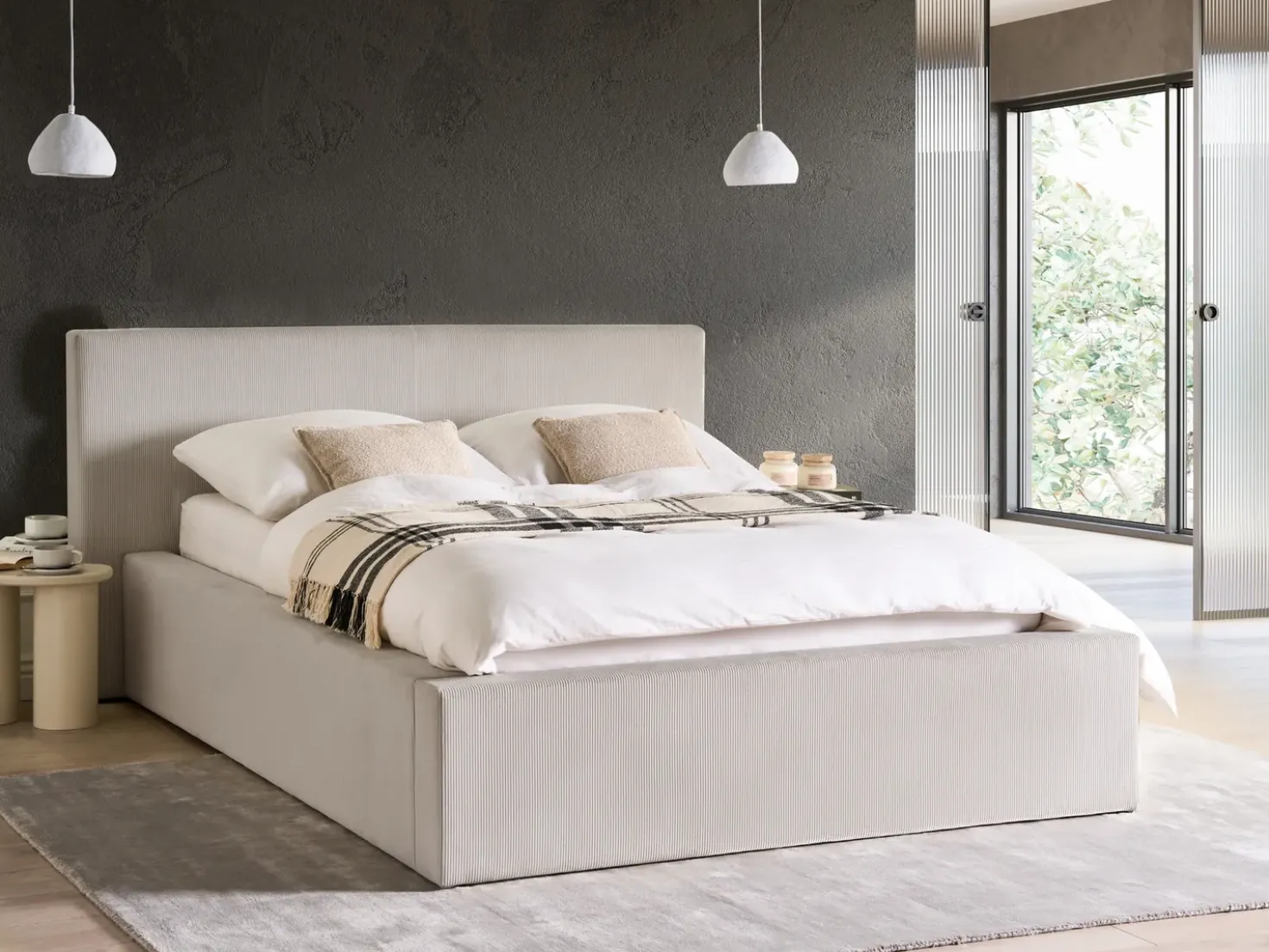 Letto contenitore Velluto a coste LILLEBONNE 140 x 200 cm Beige chiaro