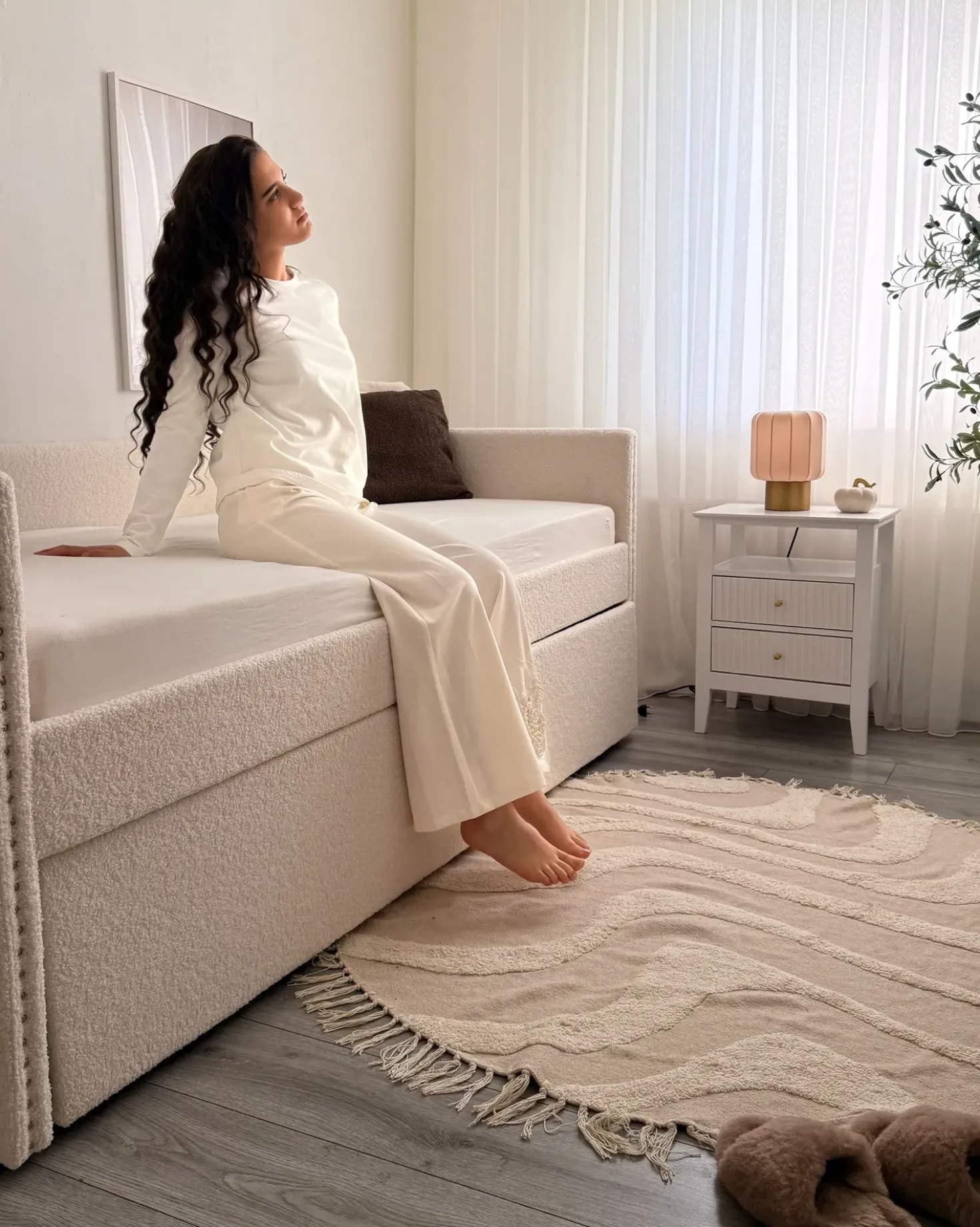 Letto estraibile Bouclé TROYES 90 x 200 cm Beige chiaro