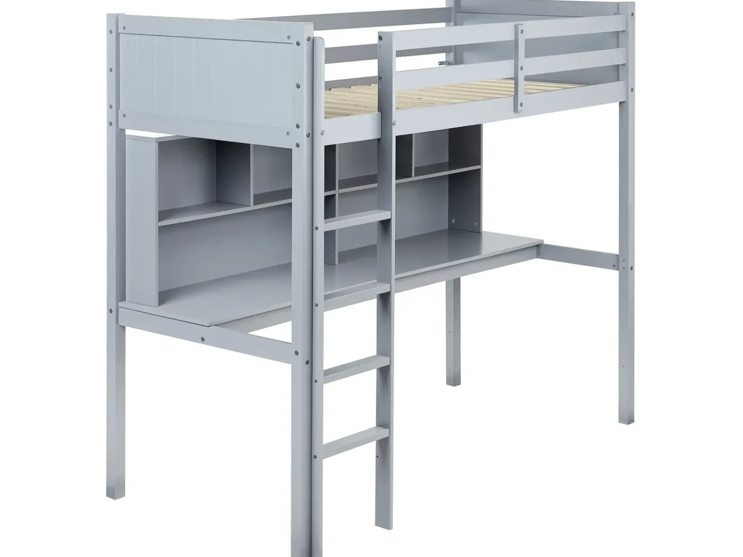 Letto matrimoniale alto con scrivania Legno di pino FOUCAMONT 90 x 200 cm Grigio