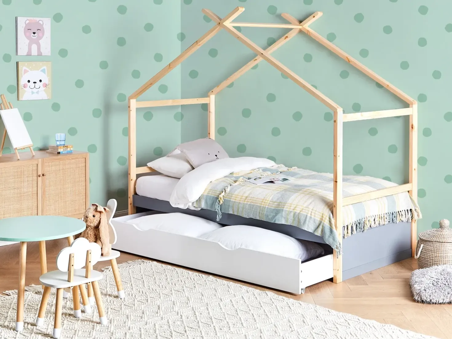 Letto per bambini Casa Legno di pino ORGEVAL 90 x 200 cm con contenitore Grigio
