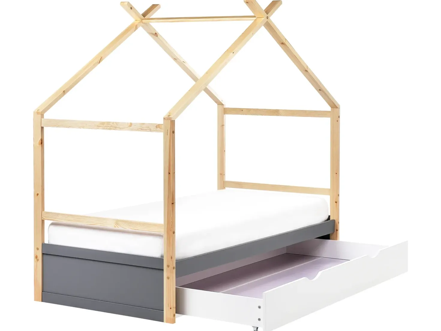 Letto per bambini Casa Legno di pino ORGEVAL 90 x 200 cm con contenitore Grigio