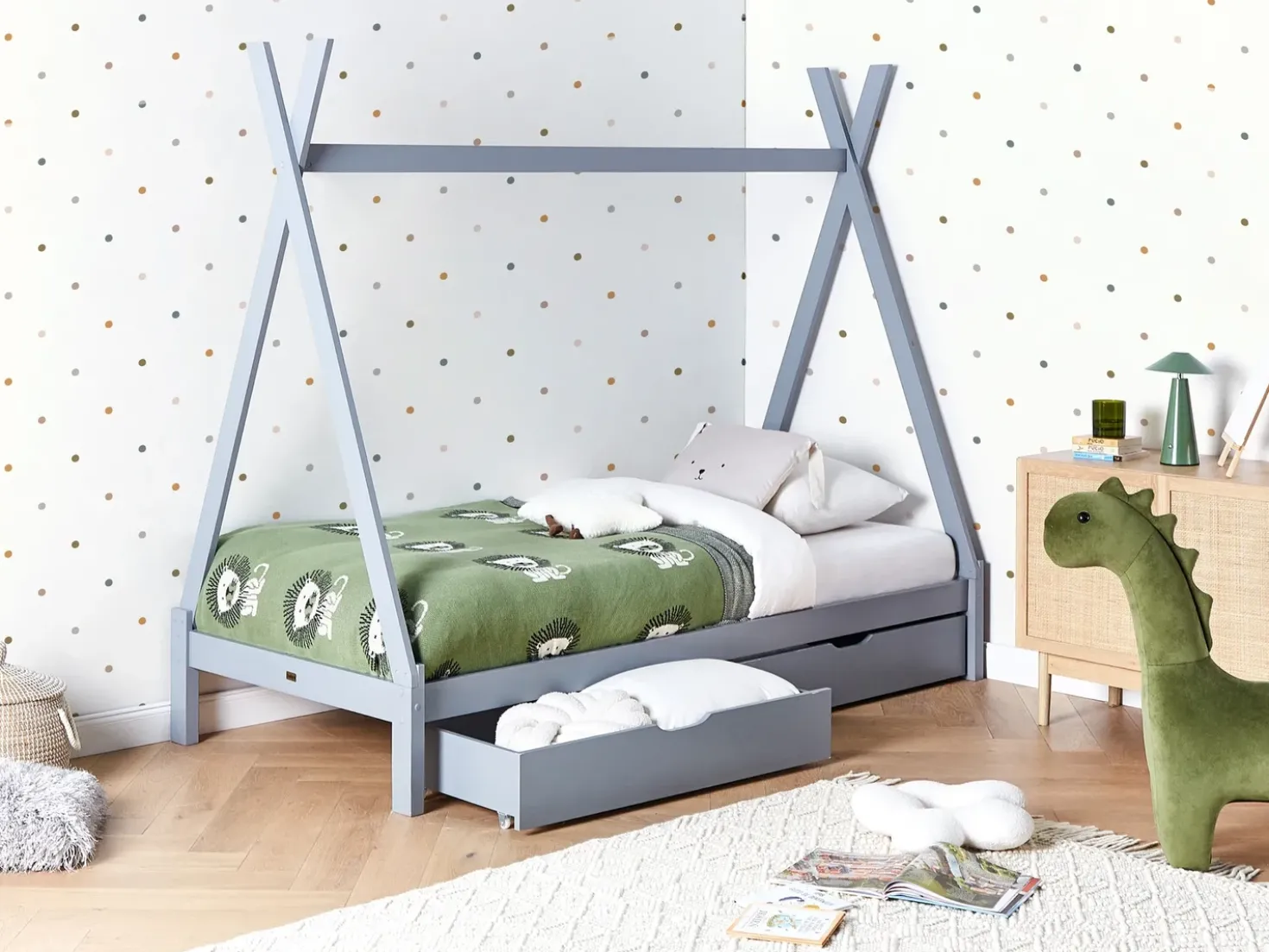 Letto per bambini con cassetti Tenda Tipi Legno di pino DEVAY 90 x 200 cm Grigio