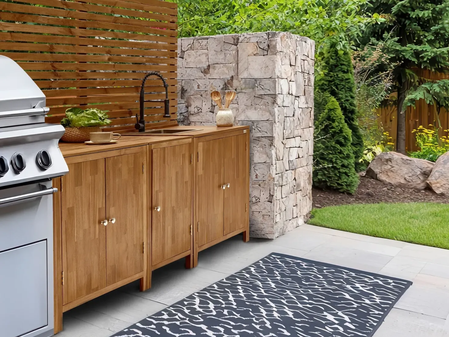 Mobile da cucina per esterni con lavello VENOSA Legno d'acacia Marrone/Nero