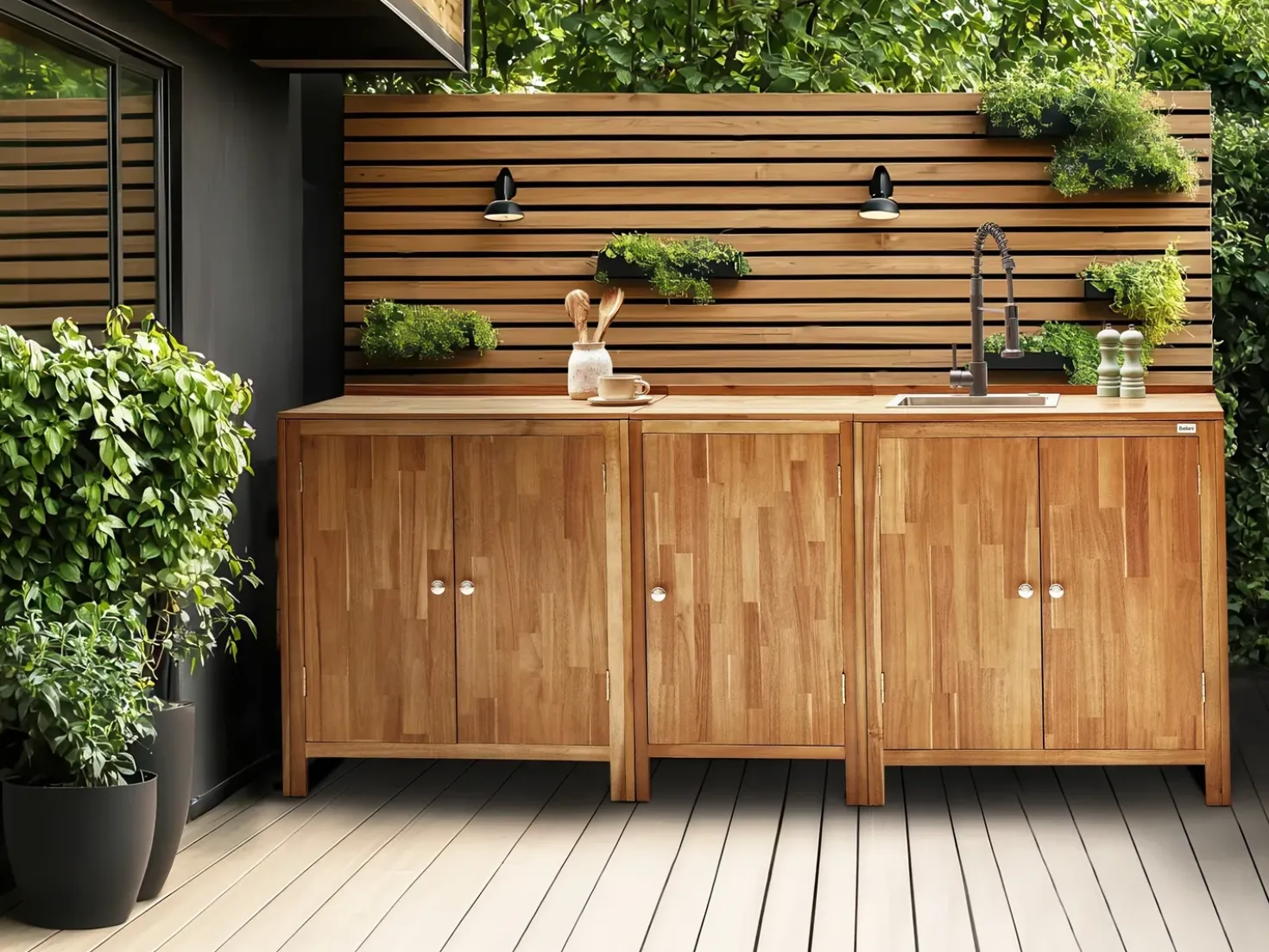 Mobile da cucina per esterni con lavello VENOSA Legno d'acacia Marrone/Nero