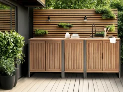 Mobile da cucina per esterni con lavello IVREA Legno di acacia certificato Marrone/Nero