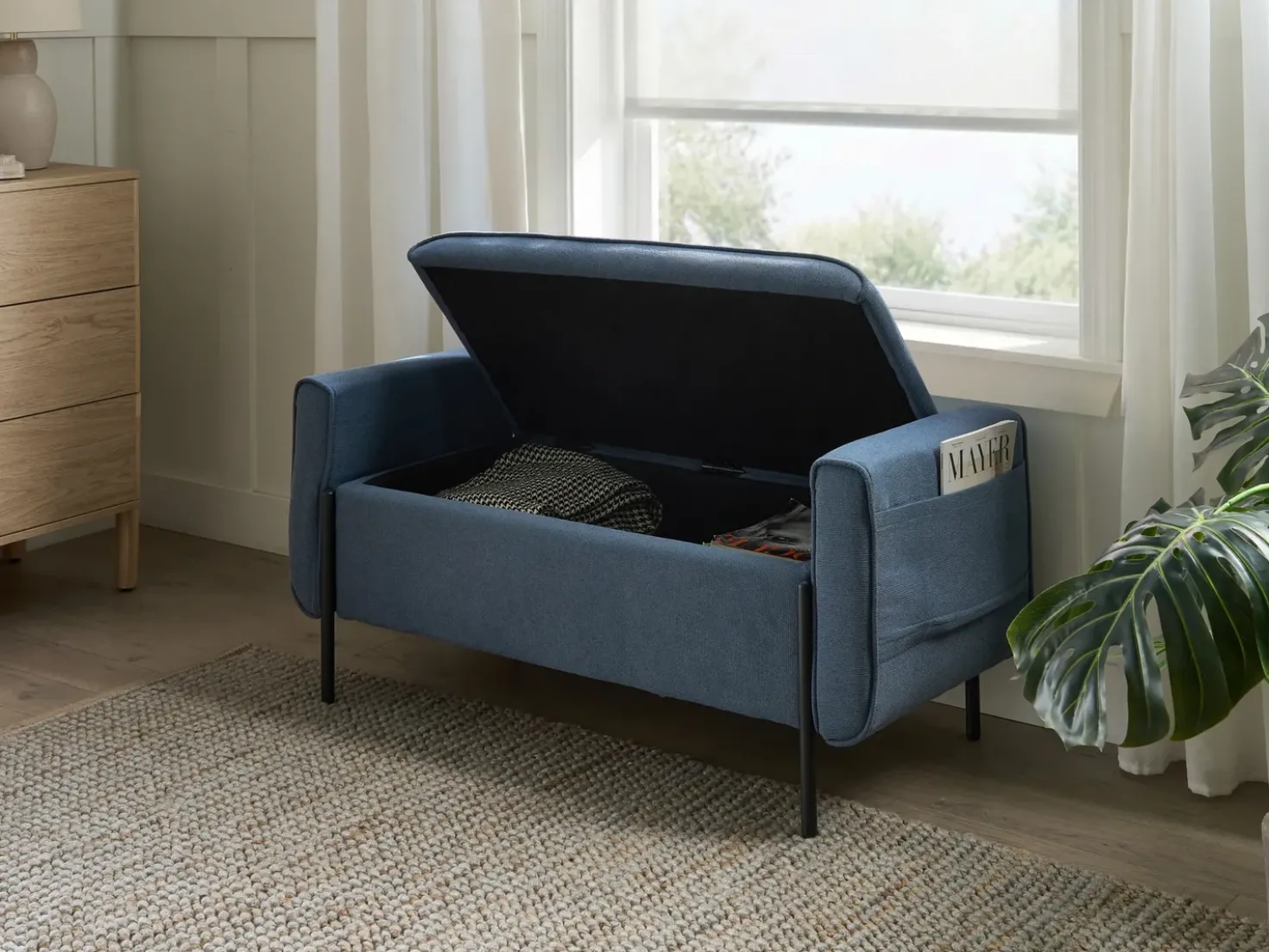 Panca contenitore imbottita LEWES Tessuto Blu