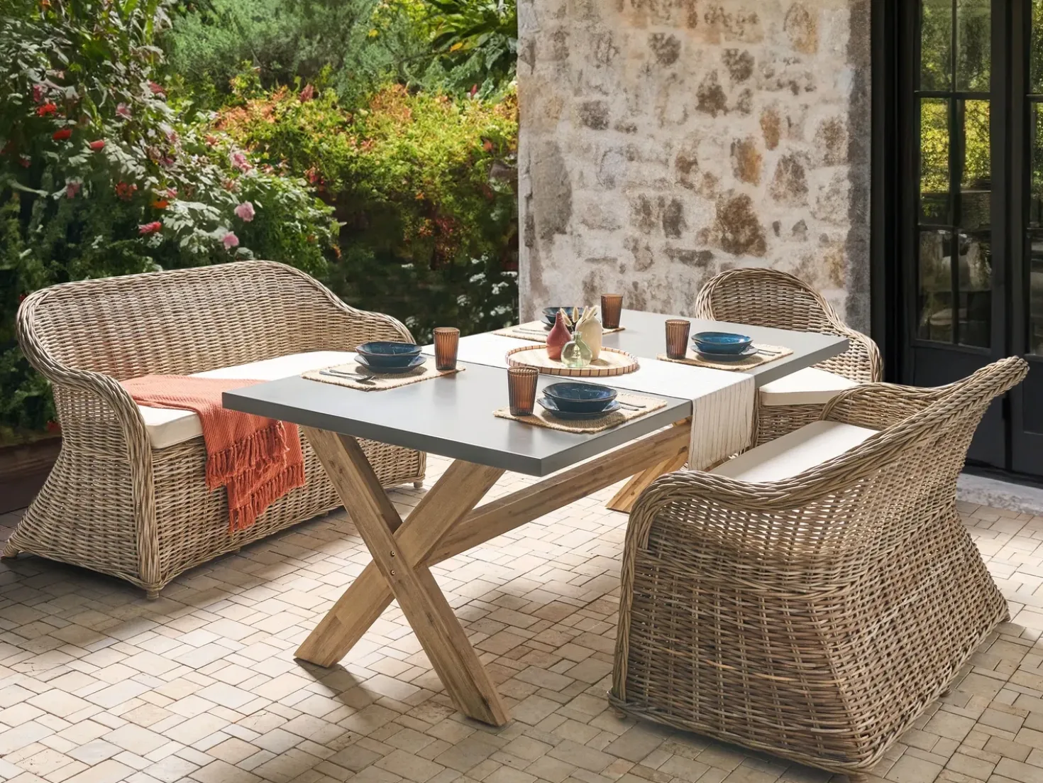 Panca da giardino con cuscino SUSUA 141 cm con ottomana Rattan Naturale