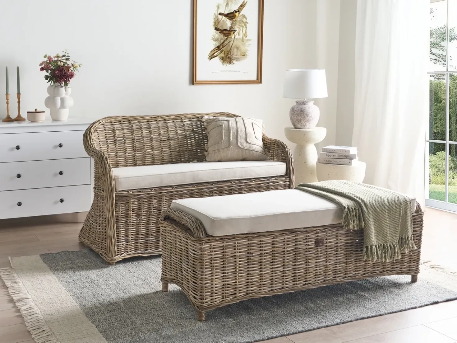 Panca da giardino con cuscino SUSUA 141 cm con ottomana Rattan Naturale