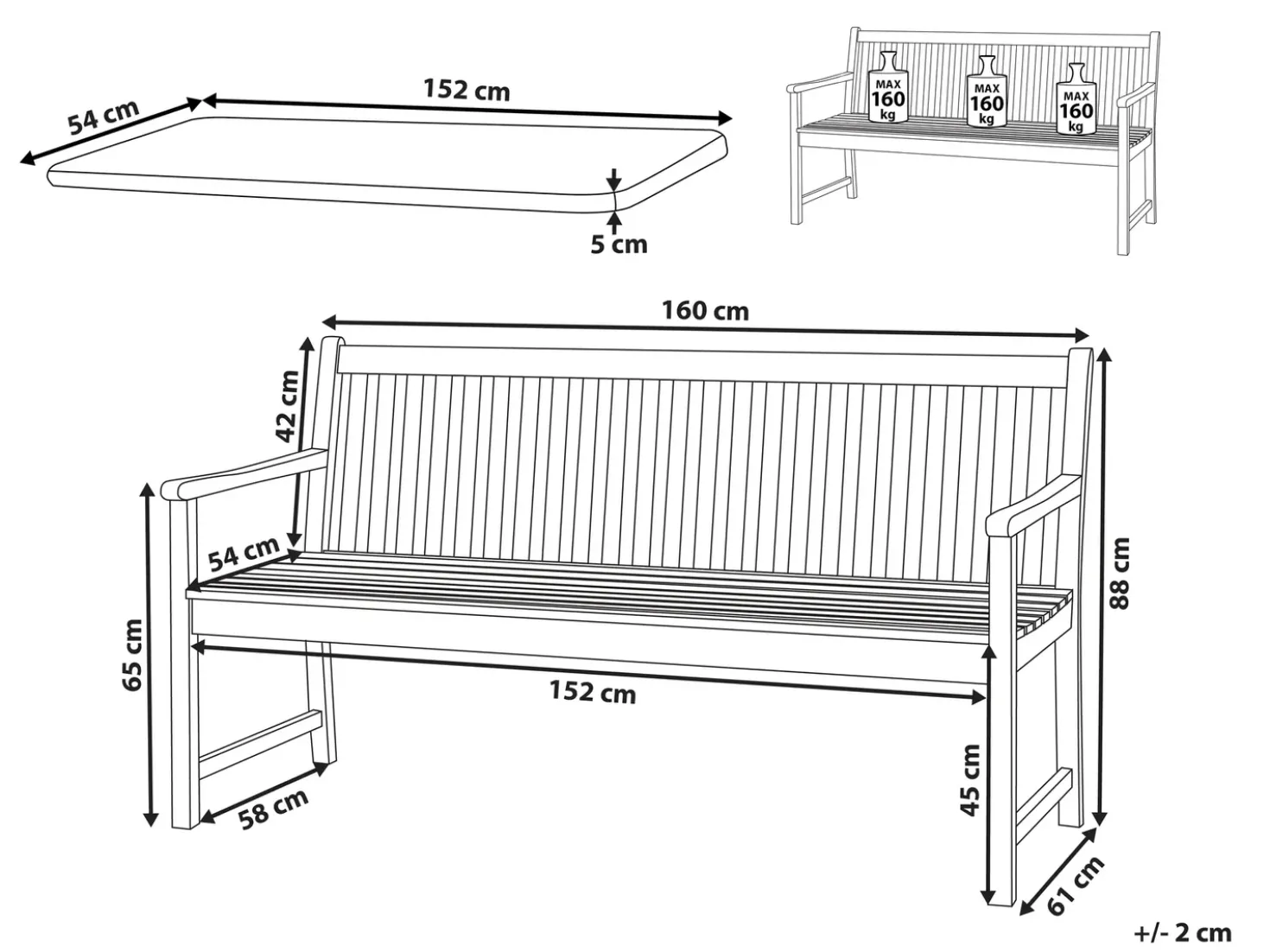 Panca da giardino con cuscino VIVARA 160 cm Legno di acacia certificato Beige