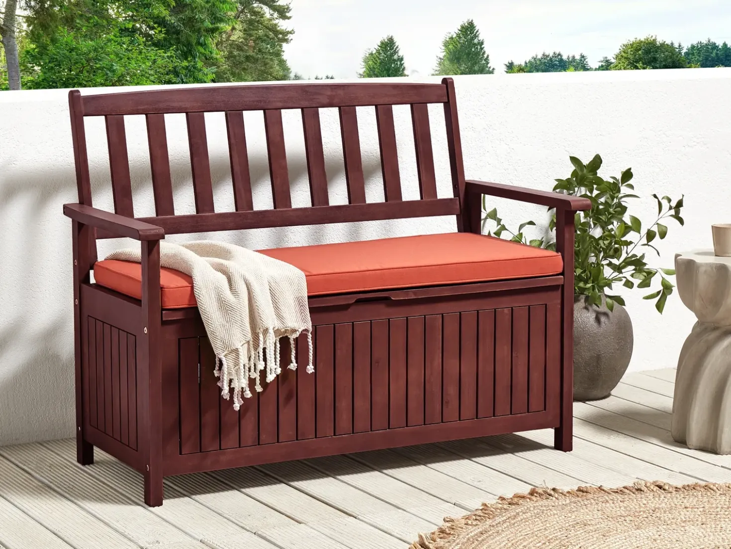 Panca da giardino con cuscino SOVANA 120 cm con contenitore Legno d'acacia Rosso