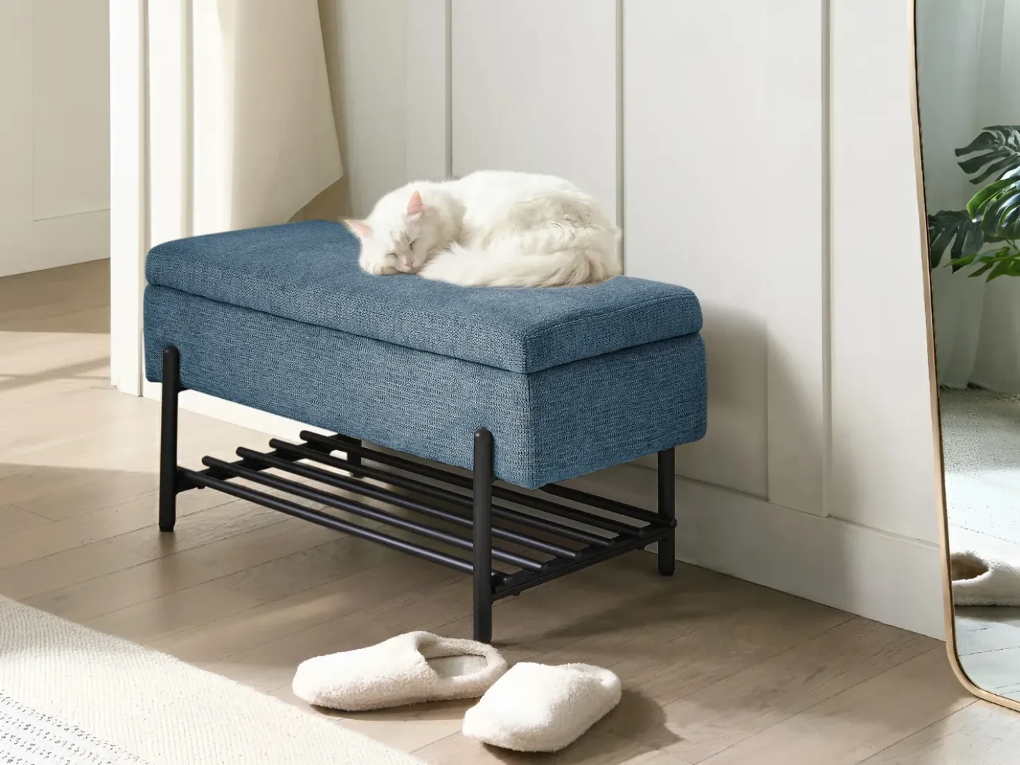 Panca porta scarpe SOLVANG Tessuto Blu con contenitore